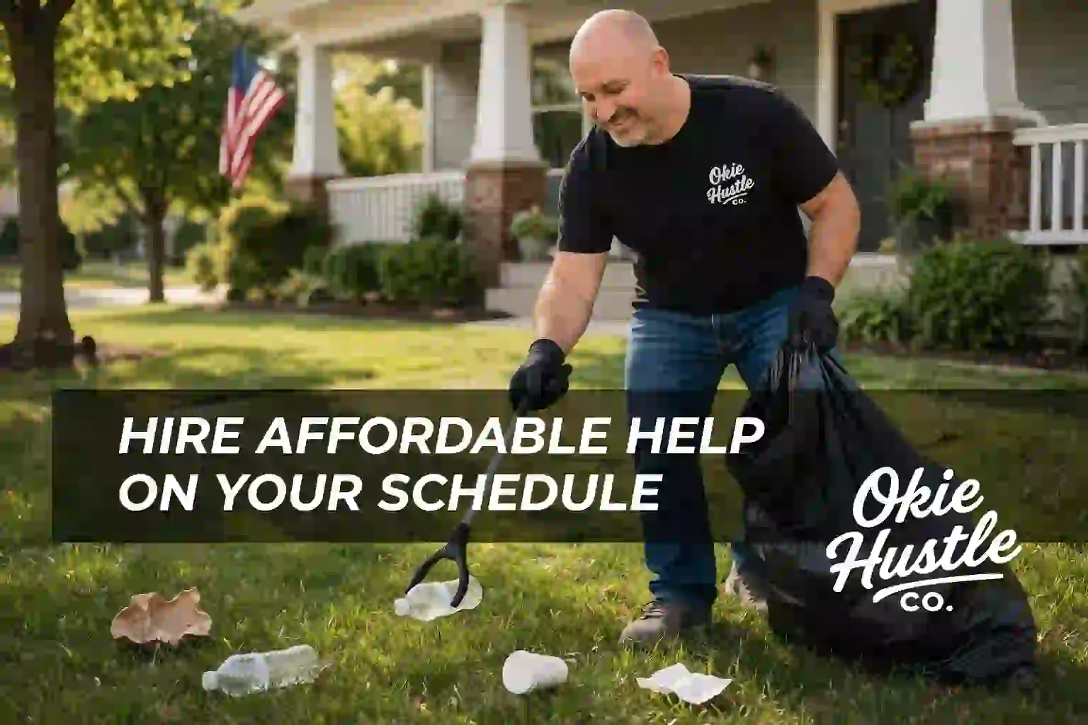 Okie Hustle picking up litter in a residential yard